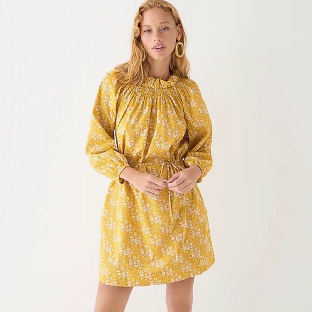J Crew Ruffle Neck Organic Liberty Print Mini Winona Dress Yellow Size Small
